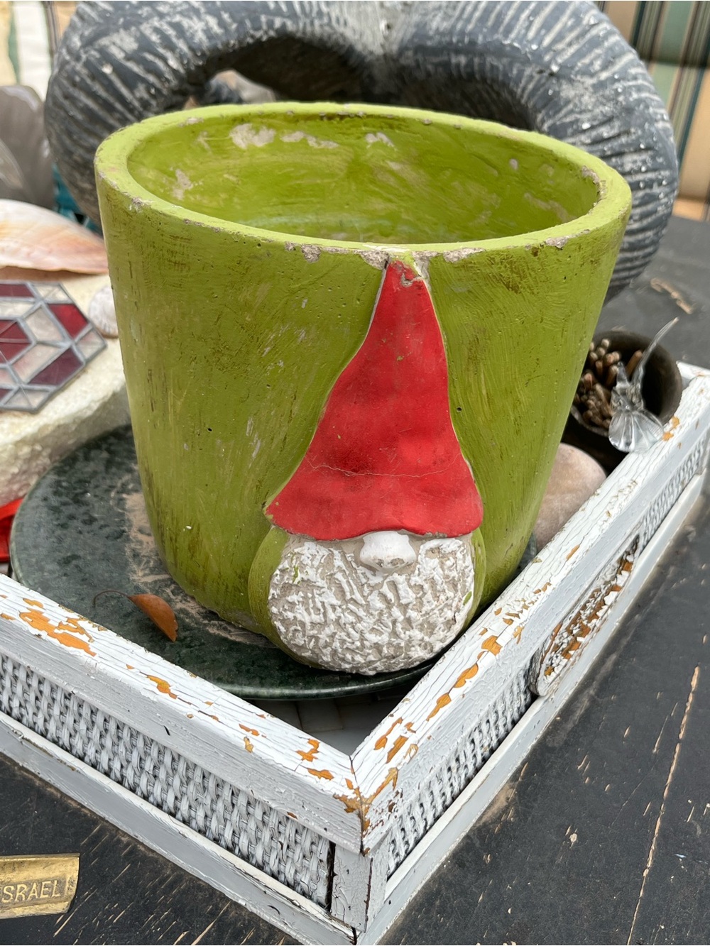 Decorative Green Ceramic Planter with Red Gnome Accent